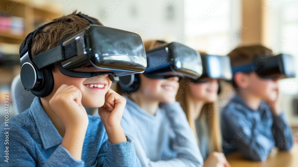 Capture students using virtual reality headsets and interactive apps to explore new learning environments Capture students using virtual reality headsets and interactive apps to explore new learning environments
