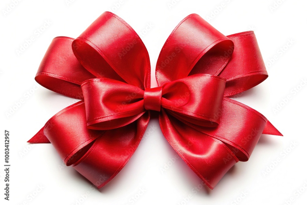 Fototapeta premium A vibrant red ribbon bow, perfectly isolated on a white background, ideal for wrapping holiday gifts and adding a festive touch to decorations.