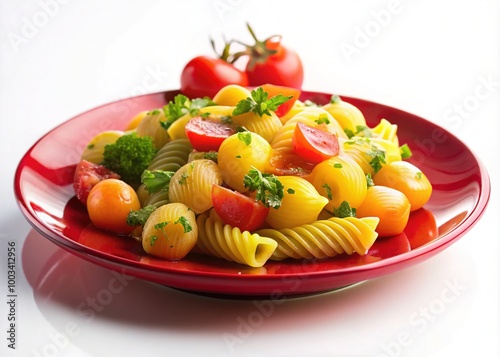 A vibrant red plate holds delicious pasta and potatoes, beautifully contrasting against a pristine white background, showcasing the dish's colors and textures, enticing any viewer.