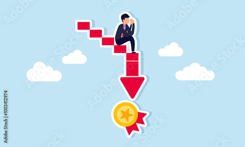 A sad and disappointed businessman sitting on a downward red graph pointing to an award medal, illustrating how business losses lead to declining performance.
