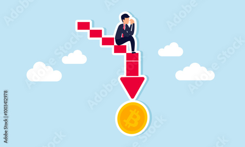 A sad and disappointed businessman sitting on a downward red graph pointing to a bitcoin, illustrating how business losses lead to a decrease in bitcoin valuation.