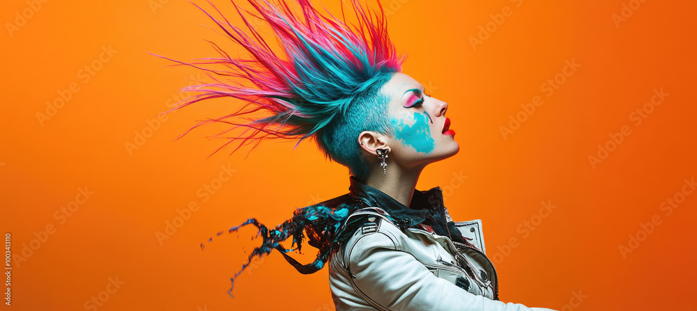Side view of a punk woman with a blue and pink mohawk hairstyle, wearing a white leather jacket with spikes, against an orange background. Side view of a punk woman with a blue and pink mohawk hairstyle, wearing a white leather jacket with spikes, against an orange background.