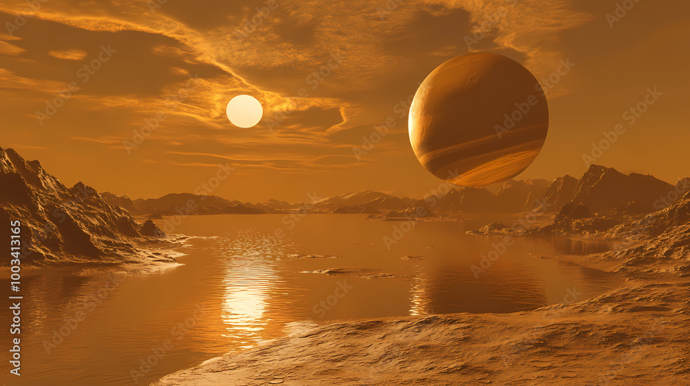Detailed image of the methane lakes on titan saturn's largest moon with the planet's rings faintly visible. Titan. Illustration Detailed image of the methane lakes on titan saturn's largest moon with the planet's rings faintly visible. Titan. Illustration
