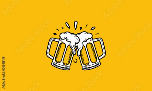 Two beer mugs clinking with foam splashing out