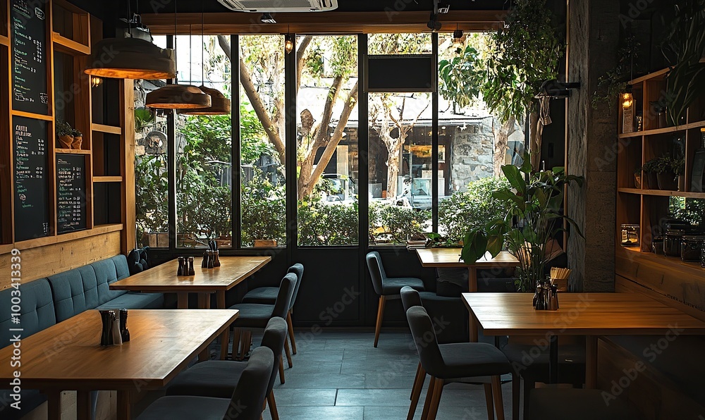 Fototapeta premium A cozy and inviting café interior with wooden tables, dark gray chairs