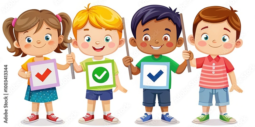 Adorable children display right and wrong signs in a vibrant vector illustration, creatively designed to support educational concepts and engage young learners effectively. Adorable children display right and wrong signs in a vibrant vector illustration, creatively designed to support educational concepts and engage young learners effectively.
