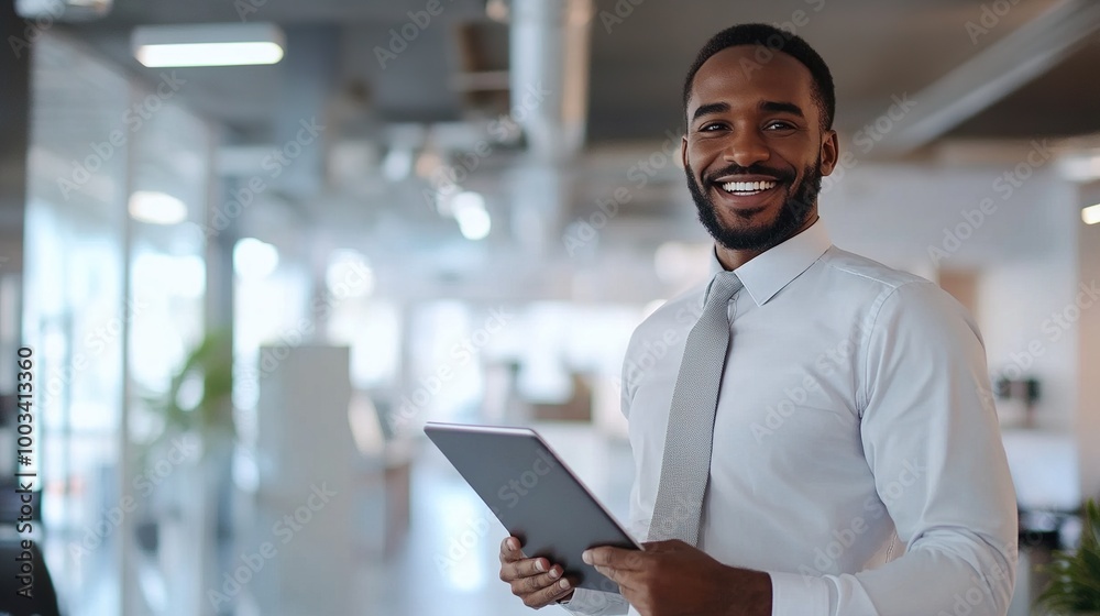 Smiling Professional with Tablet in Modern Office Smiling Professional with Tablet in Modern Office