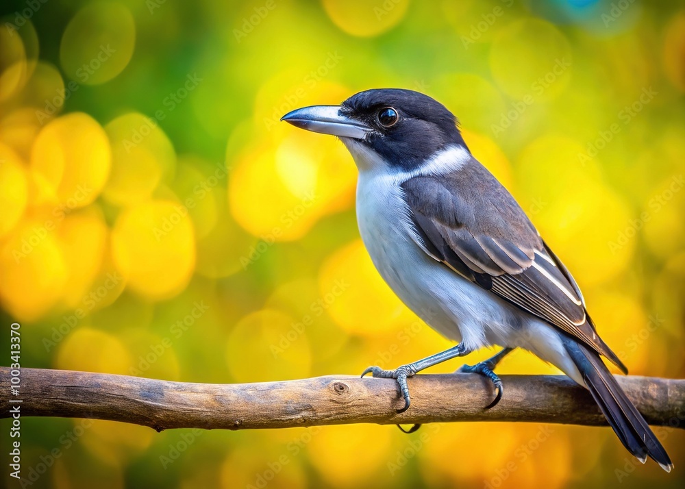 Obraz premium An Australian Grey Butcherbird sits gracefully on a branch, framed by vibrant green and yellow hues, offering ample space for text or additional visuals.