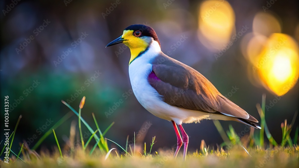 Fototapeta premium An Australian Masked Lapwing, Vanellus miles novaehollandiae, elegantly stands amidst a lush, short grass landscape, showcasing its striking features and unique elegance in nature.