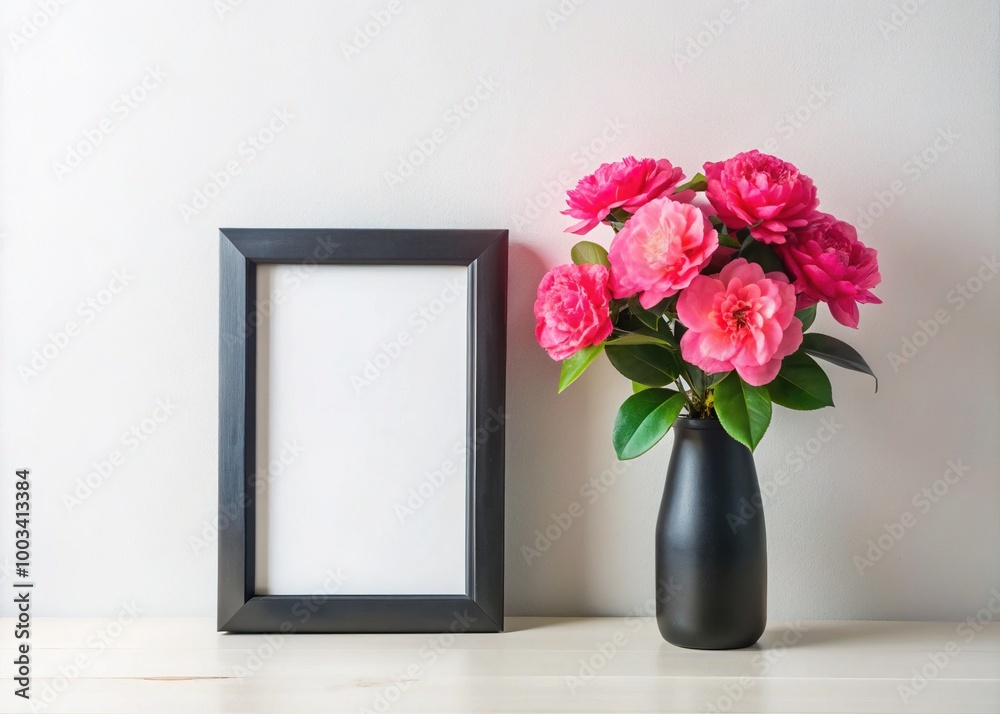 An elegant black photo frame showcases pink camellia flowers in a sleek black vase, beautifully displayed on a minimalist white desktop for a timeless look. An elegant black photo frame showcases pink camellia flowers in a sleek black vase, beautifully displayed on a minimalist white desktop for a timeless look.