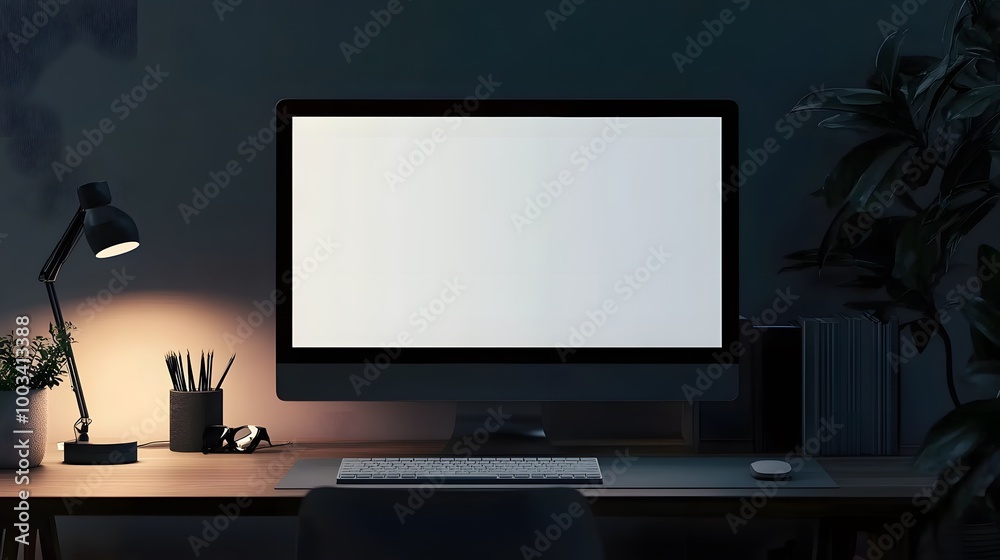 Fototapeta premium 3D Minimal desktop with blank screen mockup, Empty screen for text, and logo replacement concept. 3d render illustration. 