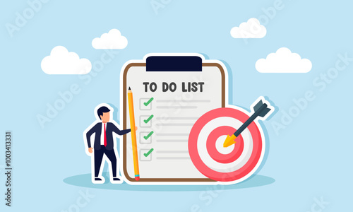 A businessman holding a pencil stands next to a work list and a target board, illustrating step-by-step planning for setting business targets to advance the company.