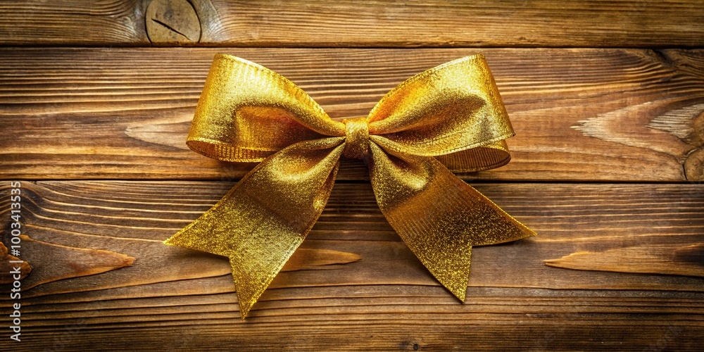 An exquisite golden bow rests on a rustic wooden backdrop, making it an ideal decoration for celebrations and a stunning addition to gift wrapping. An exquisite golden bow rests on a rustic wooden backdrop, making it an ideal decoration for celebrations and a stunning addition to gift wrapping.
