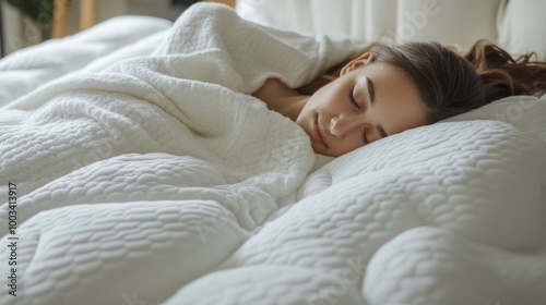 A serene woman sleeps peacefully under a soft white blanket, exuding tranquility in a cozy bedroom setting. photo