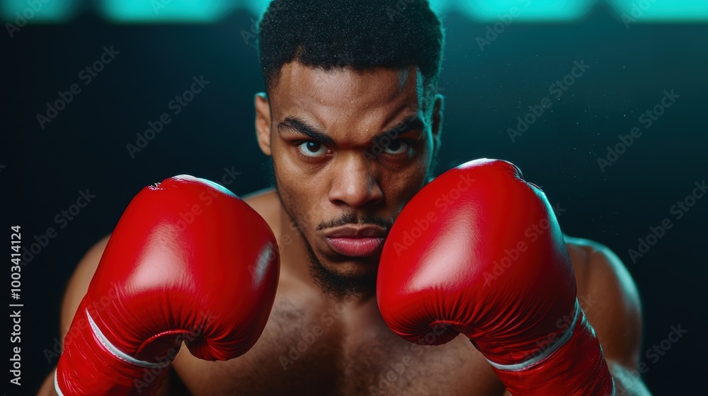Boxer in red gloves ready for a match, intense focus on face. Boxer in red gloves ready for a match, intense focus on face.