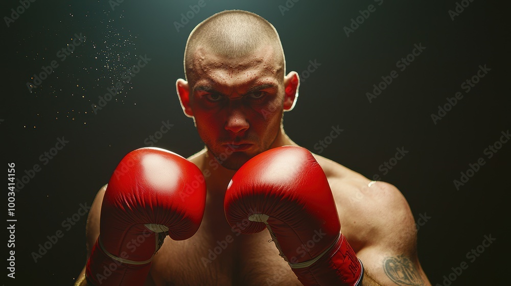 Boxer with red gloves, intense expression, focus on training and competition. Boxer with red gloves, intense expression, focus on training and competition.