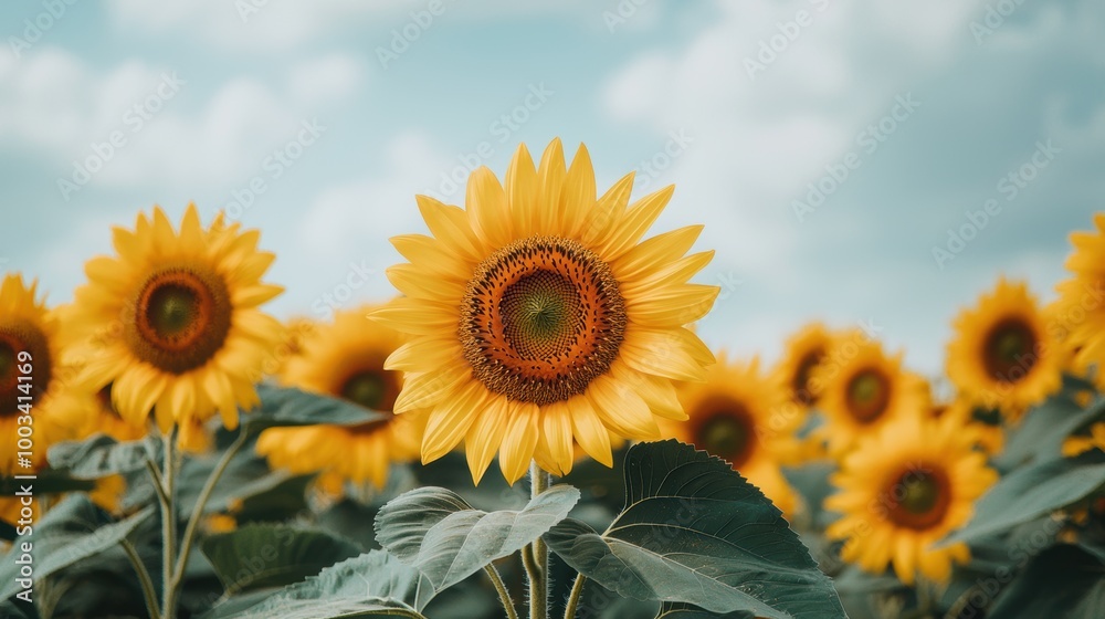 Obraz premium Bright sunflower blooming in a field under a clear blue sky.