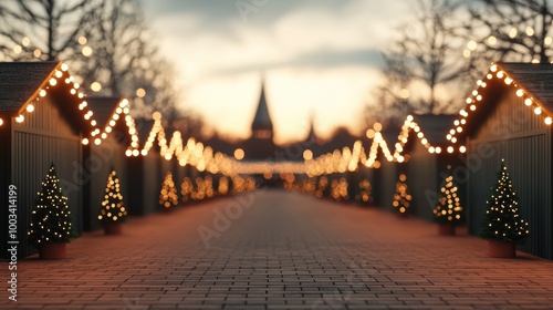 Charming holiday market with festive lights and decorated trees during twilight.