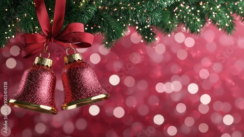 Christmas bells adorned with ribbons, festive warm bokeh background, holiday spirit.