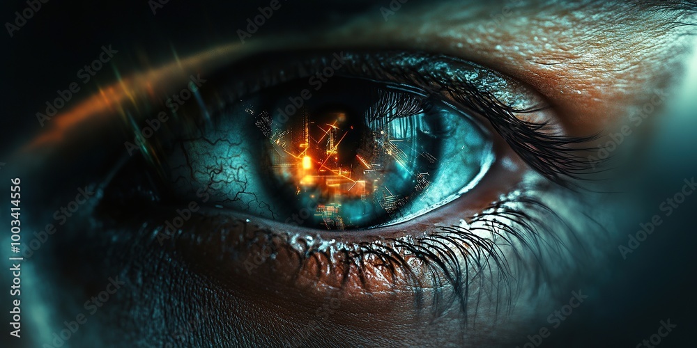 A close-up of an eye with futuristic elements like laser beams and digital graphs floating around it A close-up of an eye with futuristic elements like laser beams and digital graphs floating around it