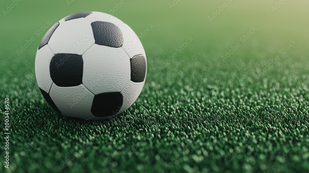 Fototapeta premium Close-up of a soccer ball on a lush green artificial turf.