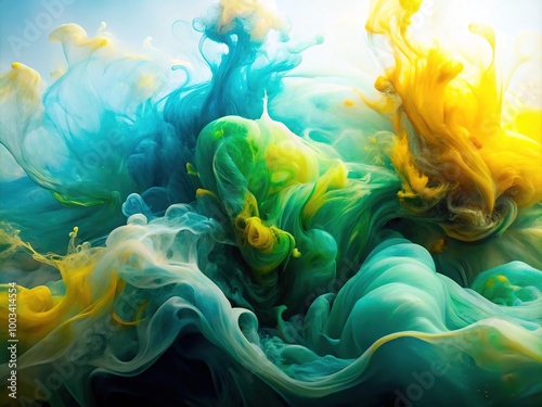 Delicate layers of fluid ink flow gracefully in soft light blue, yellow, and green, creating a mesmerizing effect against a pristine white background.
