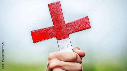 Hand Holding Red Cross Symbol on Blurred Background photo