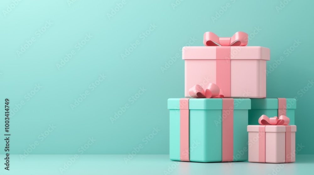 Obraz premium Colorful gift boxes with bows on a soft turquoise background.