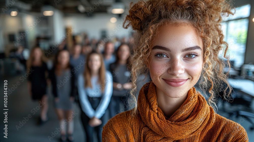 confident young woman smiles warmly in modern office setting, surrounded by colleagues. confident young woman smiles warmly in modern office setting, surrounded by colleagues.