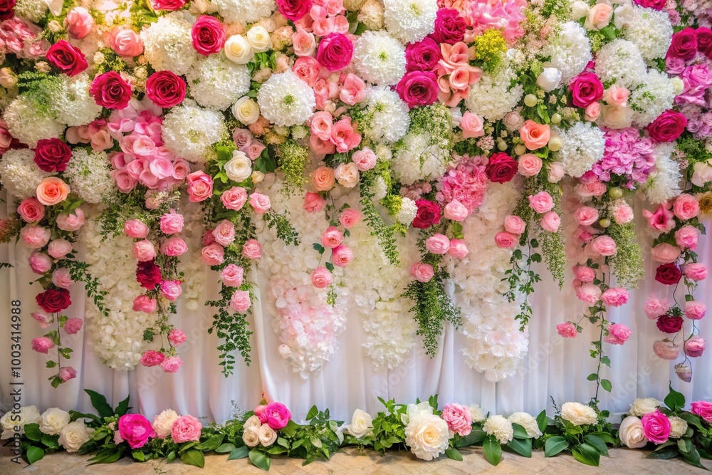 Naklejka premium Elegant white and pink floral backdrop, ideal for weddings, events, and artistic photography projects, adds a touch of sophistication and beauty to any occasion.