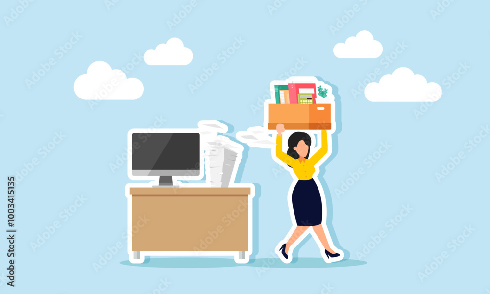 Obraz premium An employee carrying an office box walking away from a desk, illustrating an employee resigning from their job.