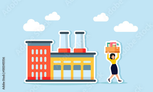 An employee carrying an office box walking away from a factory, illustrating an employee resigning from the factory where they work.