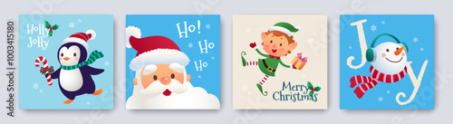 Collection of Christmas backgrounds set with Santa Claus, snowman, elf, penguin, Christmas decoration on snow day backdrop. Vector illustration for digital and printed media
