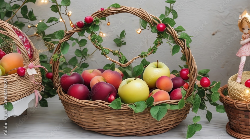 a basket of apples and some leaves with a christmas tree in the background. a basket of apples and some leaves with a christmas tree in the background.