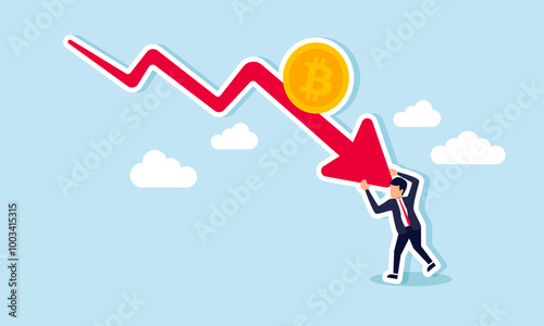 A businessman holding back a red arrow with a bitcoin, illustrating the saturation point of bitcoin valuation or efforts to prevent the bitcoin trend from becoming too negative.