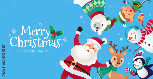 Christmas background with Santa Claus, snowman, elf, polar bear, reindeer, penguin, Christmas decoration on snow day backdrop. Editable vector illustration for digital media and printed media