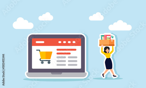 An employee carrying an office box walking away from a laptop displaying a marketplace, illustrating an employee resigning from their job as a marketplace admin.