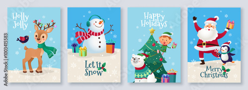 Collection of Christmas cards set with Santa Claus, snowman, elf, polar bear, reindeer, penguin, Christmas decoration and tree on snow day backdrop. Vector illustration for digital and printed media