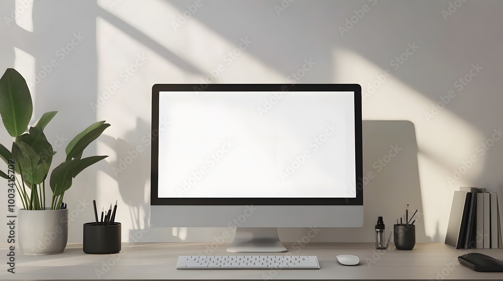 3D Minimal desktop with blank screen mockup, Empty screen for text, and logo replacement concept. 3d render illustration. 3D Minimal desktop with blank screen mockup, Empty screen for text, and logo replacement concept. 3d render illustration.