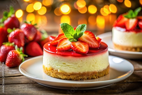 Indulge in a luscious cheesecake featuring creamy mascarpone jelly, elegantly adorned with fresh strawberries, beautifully presented on a dessert plate for an exquisite treat.