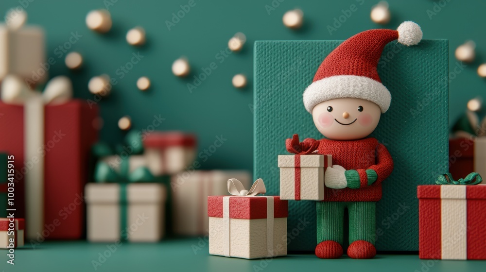 Festive scene with a cheerful character in a Santa hat holding a gift. Festive scene with a cheerful character in a Santa hat holding a gift.