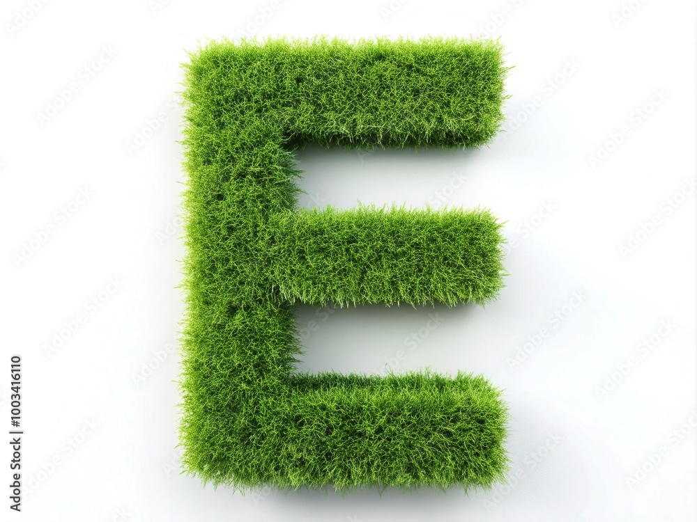 Lush green grass gracefully shapes the letter E against a pristine white background, offering versatile creative possibilities for design and artistic projects. Lush green grass gracefully shapes the letter E against a pristine white background, offering versatile creative possibilities for design and artistic projects.