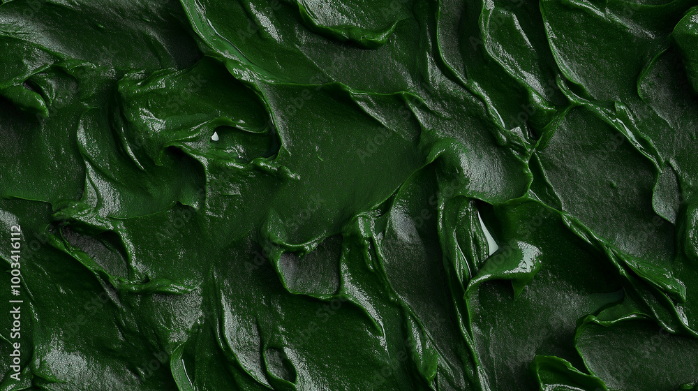 Fototapeta premium a close-up, top-down view of spinach paste spread across the frame, filling the image with its dark green color and smooth texture