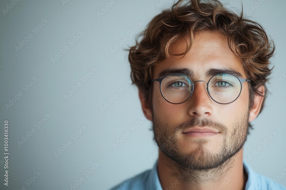 portrait of a young man with striking features wearing eyeglasses and a blue shirt set against a clean white background emphasizing his confident expression portrait of a young man with striking features wearing eyeglasses and a blue shirt set against a clean white background emphasizing his confident expression
