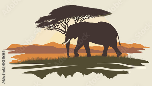Silhouette illustration of an elephant walking under an acacia tree in the African savanna at sunset, with distant mountains and grassy plains in the background