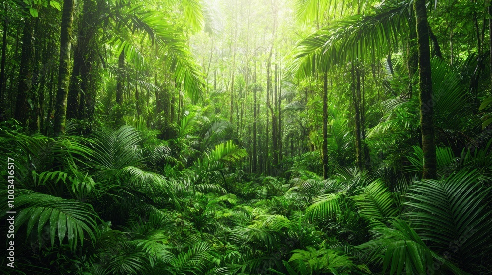 Lush green rainforest with dense foliage and sunlight filtering through trees. Lush green rainforest with dense foliage and sunlight filtering through trees.