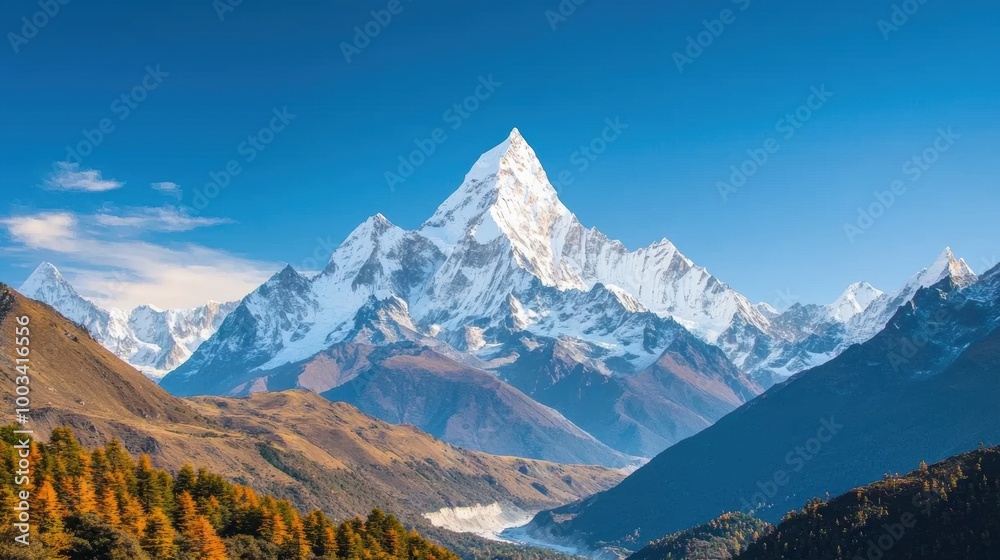 Majestic snow-capped mountain under a clear blue sky and vibrant autumn foliage. Majestic snow-capped mountain under a clear blue sky and vibrant autumn foliage.