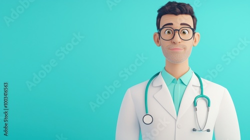 Male doctor in a lab coat, smiling against a bright blue background.