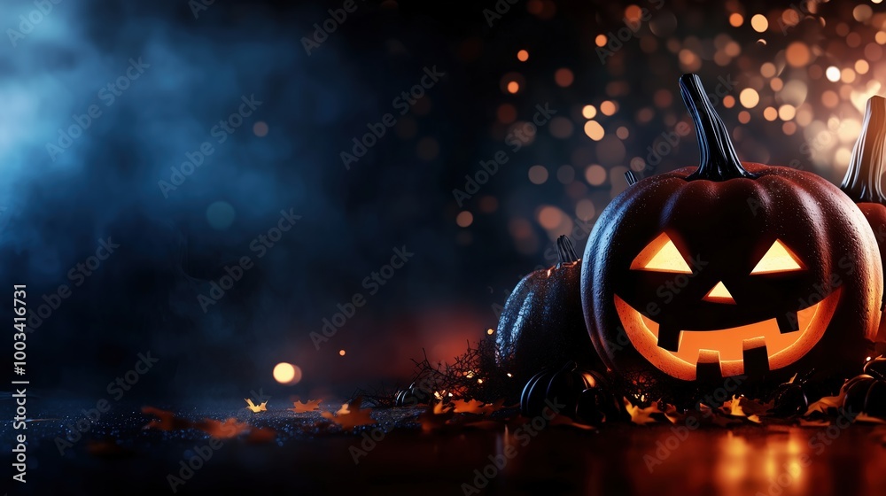 Fototapeta premium Glowing Halloween pumpkins with carved faces on a dark spooky background, perfect for banner designs with copy space. Eerie jack-o'-lanterns illuminated, creating a mysterious atmosphere for Halloween