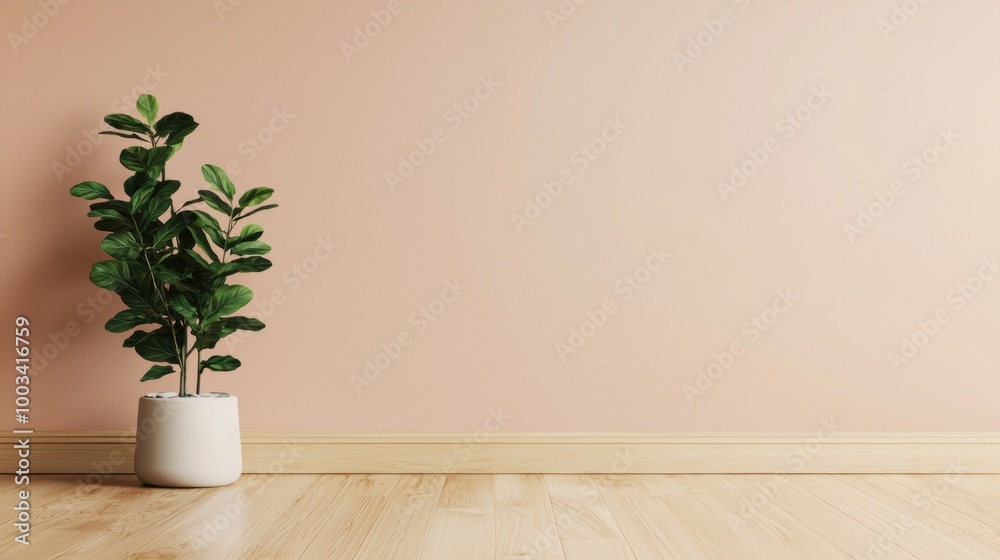 Modern indoor plant in a white pot against a peach wall with wooden flooring. Modern indoor plant in a white pot against a peach wall with wooden flooring.